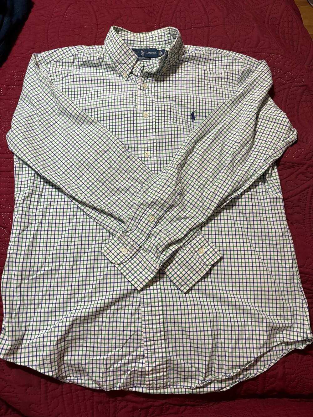 Ralph Lauren Custom Fit Button Down Shirt Size L Green Blue Plaid